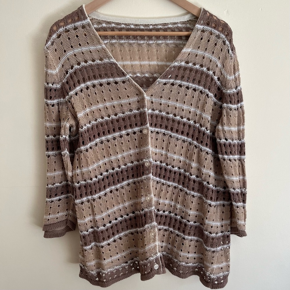 Y2K Coastal Grandma Style Cotton Ramie Brown Tan Knit Sweater Cardigan L